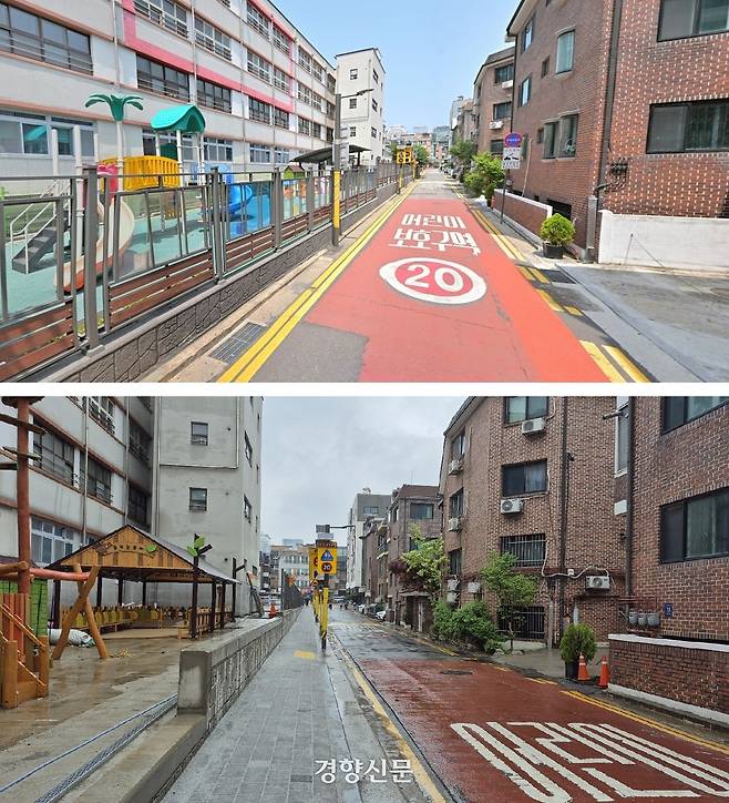 서울 강남구 대치동 도곡초등학교에 22일 새롭게 설치된 보행로(아래) 모습. 학교 담벼락을 학교 부지 안쪽으로 밀어넣고 남은 자리에 보행로를 설치했다. 현재 한창 공사가 진행 중이다. 류인하 기자