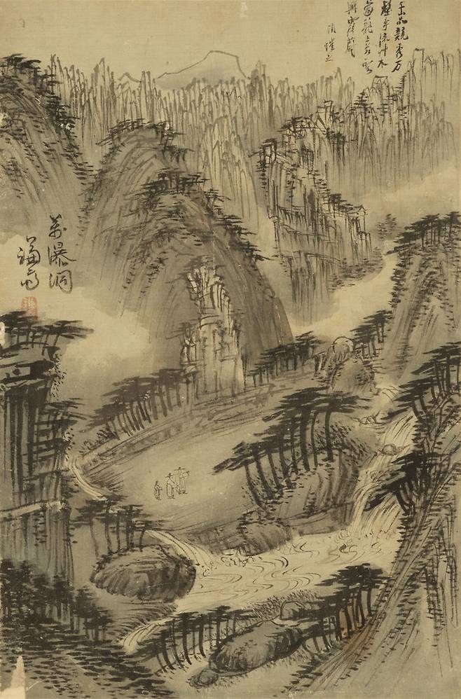 정선, 만폭동도(萬瀑洞圖), 《겸현신품첩謙玄神品帖》, 18세기, 비단에 수묵담채, 33.3×22.0cm, 서울대학교박물관 소장.  《겸현신품첩》은 겸재 정선과 현재(玄齋) 심사정(沈師正)의 작품을 모은 화첩이다. 이중 금강산 그림으로는 <혈망봉도(穴望峰圖)>와 <만폭동도(萬瀑洞圖)>가 있다. 혈망봉과 만폭동은 모두 내금강에 위치한 명소로, 주로 금강내산(金剛內山)을 화폭의 주제로 삼았던 정선의 특징을 보여준다.  *재판매 및 DB 금지