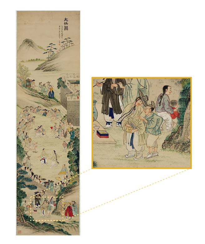 신윤복의 대쾌도. 그림 오른쪽(부분 확대)은 택견 경기를 관람하는 장애인(척추 장애, 구순구개열)의 모습이 묘사돼 있다. 대한택견회 제공