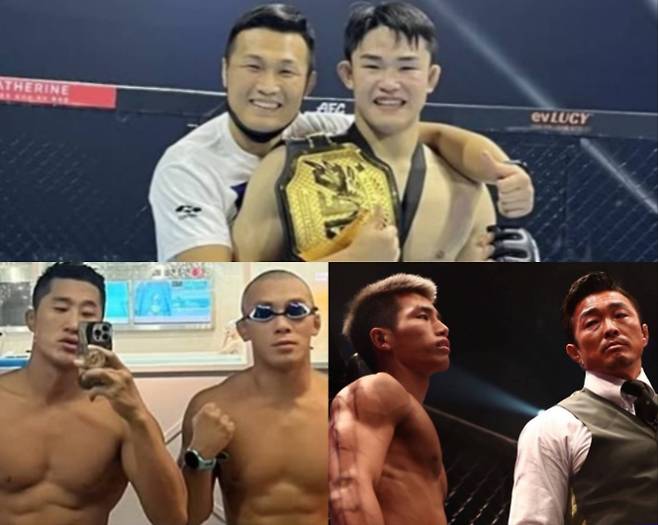 정찬성과 제자 박재현(사진 위), 김도현과 제자 김상욱(사진 아래 왼쪽), 추성훈과 제자 윤창민. 박재현·김상욱·윤창민 SNS 캡처