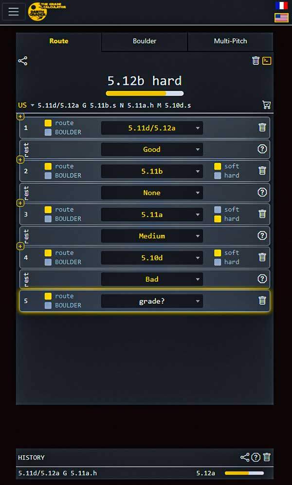 다스그레이더 입력 예. 구간별 난이도와 휴식 구간까지 입력하면 알고리즘에 따라 전체 난이도를 산출해 준다.