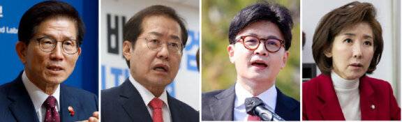 국민의힘 대선 경선에 나선 후보들. 김문수 전 고용노동부 장관, 홍준표 전 대구시장, 한동훈 전 대표, 나경원 의원(왼쪽부터). 동아DB