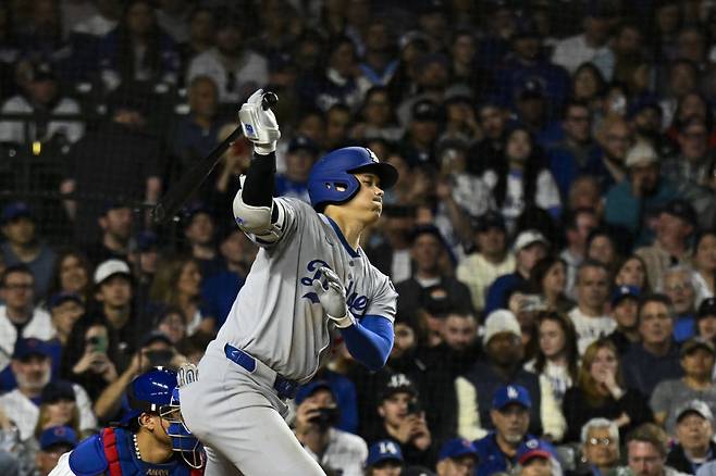 LA 다저스 오타니 쇼헤이가 23일(한국시각) 시카고 컵스전에서 5회 헛스윙 삼진을 당하고 있다. Imagn Images연합뉴스