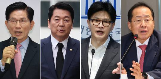 국민의힘 대선 후보 경선 선거관리위원회는 22일 2차 경선에 진출할 4명의 후보를 발표했다.  첫번째 컷오프를 통과한 '4강 후보'에는 김문수·안철수·한동훈·홍준표 후보(가나다순)가 이름을 올렸다.  사진=연합뉴스