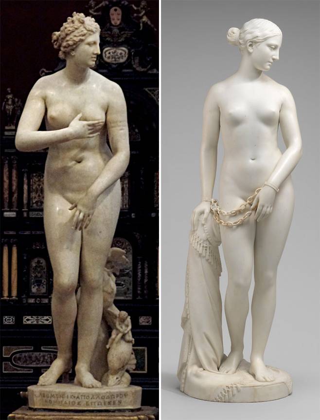 기원전 1세기경 제작된 ‘메디치 비너스’(왼쪽 사진)와 미국 조각가 하이럼 파워스의 ‘그리스 노예’(이 작품은 1846년 버전). 두 작품 모두 기원전 4세기경 그리스에서 완성된 여성 누드 조각상을 바탕으로 제작돼 크기나 자세가 비슷하다. 사진 출처 이탈리아 피렌체 우피치미술관·미국 워싱턴 내셔널갤러리