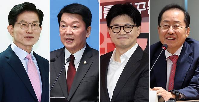 22일 국민의힘 대선 경선 후보 1차 예비경선(컷오프)을 통과한 김문수 전 고용노동부 장관과 안철수 의원, 한동훈 전 대표, 홍준표 전 대구시장(왼쪽부터 가나다순). 이에 따라 윤석열 전 대통령 탄핵에 반대했던 김 전 장관과 홍 전 시장 등 ‘반탄파’(탄핵 반대파)와 탄핵에 찬성했던 한 전 대표와 안 의원 등 ‘찬탄파’(탄핵 찬성파)가 ‘2 대 2’ 구도로 맞붙을 것으로 전망된다. 뉴스1·뉴시스