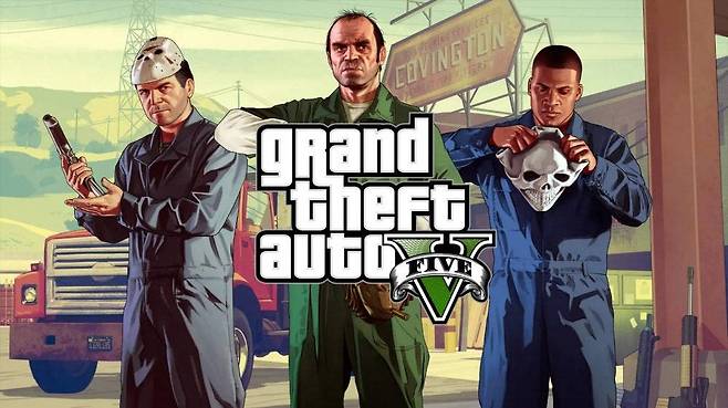 GTA5, 캐릭터 전환 시 시점이 하늘 위로 갔다가 대상 캐릭터로 내려가며 영화 같은 연출이 펼쳐진다