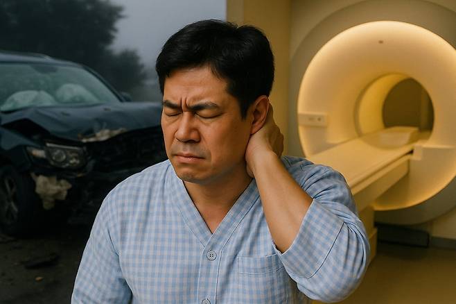 챗GPT를 활용해 생성한 목 통증을 호소하고 있는 교통사고 환자 이미지.