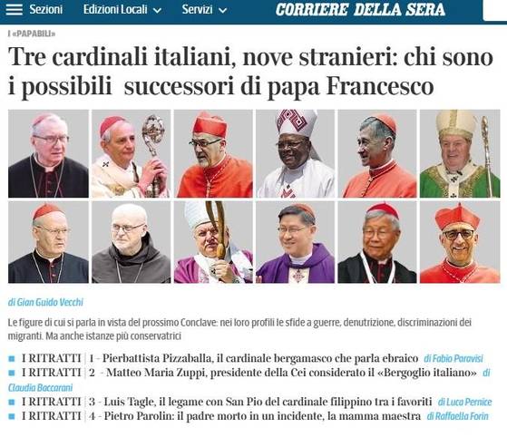 The Italian daily newspaper Corriere della Sera listed 12 leading contenders ahead of the next papal conclave on Wednesday. [SCREEN CAPTURE]