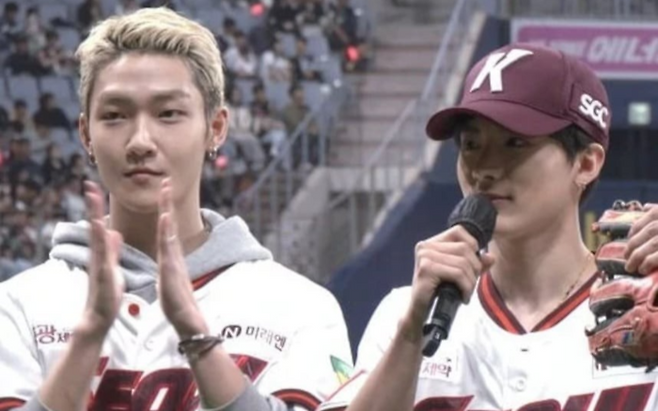 지난 19일 서울 구로구 고척스카이돔에서 열린 2025 신한 SOL뱅크 KBO리그 키움 히어로즈와 KT 위즈 경기에서 히어로즈를 응원하는 시타 및 시구자로 참여한 그룹 더보이즈 멤버 케빈(왼쪽)과 에릭. [사진출처 = 키움 인스타그램]