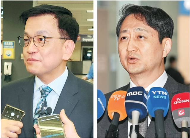 對美 협상 앞둔 최상목·안덕근 ‘한·미 2+2 통상협의’를 위해 22일(현지시간) 미 워싱턴DC 인근 덜레스 국제공항에 도착한 최상목(왼쪽 사진) 부총리 겸 기획재정부 장관이 인터뷰를 하고 있다. 안덕근(오른쪽) 산업통상자원부 장관도 23일 미국으로 출국하면서 인천국제공항에서 “신중하게 협상에 임하겠다”고 말했다. 연합뉴스, 백동현 기자