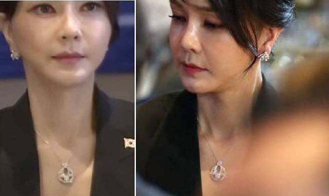 6200만 원대로 추정되는 반 클리프 앤 아펠 목걸이를 한 윤석열 대통령 부인 김건희 여사 (사진=김의겸 더불어민주당 의원 페이스북)