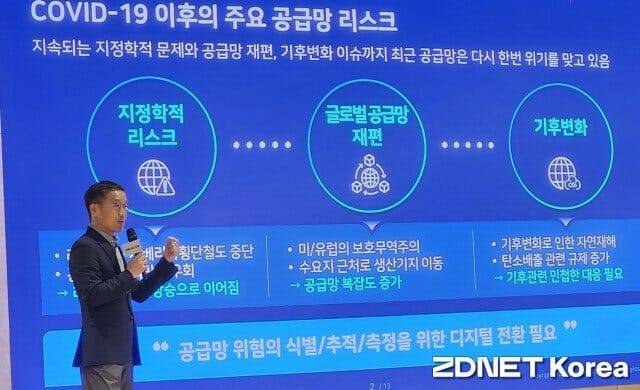 첼로스퀘어 미디어데이에서 발표 중인 삼성SDS 오구일 물류사업부 부사장 (사진=삼성SDS)