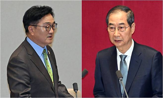 24일 국회 본회의에서 2025년도 추가경정예산안 시정연설을 하는 한덕수 대통령 권한대행 국무총리(오른쪽)와 한 권한대행에 대해 발언하는 우원식 국회의장(왼쪽). 국회사진기자단