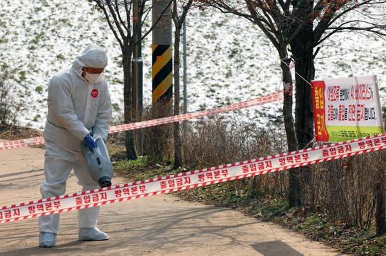 지난달 19일 삵 폐사체에서 고병원성 AI가 검출된 전남 화순군 화순읍 세량제에서 가축위생방역지원본부 직원이 방역 작업을 하고 있다. 연합뉴스