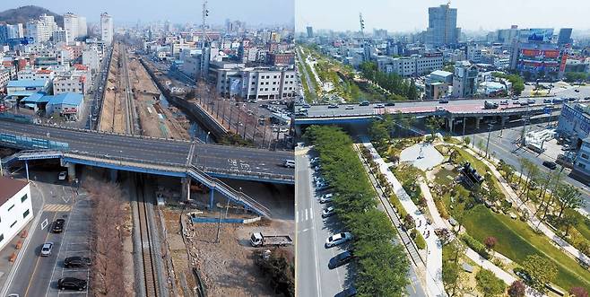 포항시는 세계녹생성장포럼(WGGF) 성공적 개최로 탄소중립 녹색성장이라는 글로벌 아젠다를 주도하는 지방정부의 새 모델을 제시한다는 계획이다. 사진은 포항 그린웨이 프로젝트 핵심사업 철길숲의 한터마당 구간(대잠교) 조성 전후 모습.  [사진 포항시]
