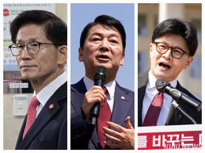 김문수 국민의힘 대선 경선 후보(왼쪽부터)와 안철수 후보, 한동훈 후보. 쿠키뉴스 자료사진
