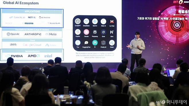 이동헌 에이슬립 대표가 24일 영등포구 콘래드 서울 호텔에서 머니투데이 주최로 진행된 '2025 키플랫폼' 특별세션에서 'AI 플랫폼 전쟁 속 살아남는 Vertical AI 전략'에 대해 발표하고 있다. /사진=이기범 기자