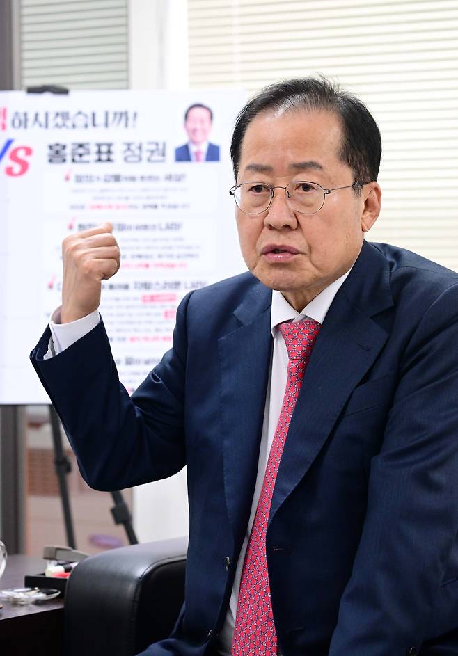 국민의힘 대선 경선에 나선 홍준표 후보가 22일 오후 서울 여의도 대선캠프 사무실에서 헤럴드경제와 인터뷰를 하고 있다. 그는 이번 대선을 관통하는 시대정신이 무엇이냐고 묻자 “우리나라가 선진국에 걸맞게 정치 체제를 바꾸고 경제, 사회, 문화, 외교, 국방 모두 바꾸자는 것”이라고 답변했다.  이상섭 기자