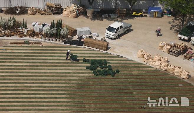 [서울=뉴시스] 김선웅 기자 = 24일 서울 중구 서울광장에서 잔디 식재 작업이 진행되고 있다. 2025.04.24. mangusta@newsis.com