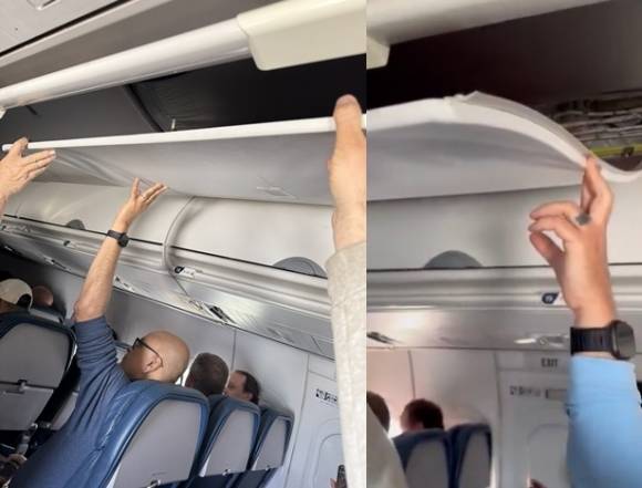 지난 14일(현지시간) 미국 애틀랜타에서 시카고로 향하던 델타항공 여객기의 천장 패널이 떨어져 승객들이 손으로 떠받치고 있다. 자료 : 틱톡