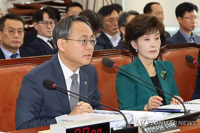 산불피해 지원 관련 답변하는 고기동 장관 직무대행 (서울=연합뉴스) 김주성 기자 = 고기동 행정안전부 장관 직무대행이 24일 국회 행정안전위원회 전체회의에서 산불피해지원금 등 추경예산안 관련 질의에 답하고 있다. 2025.4.24 utzza@yna.co.kr