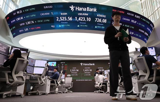 서울 중구 하나은행 본점 딜링룸 전광판./뉴스1 ⓒ News1 이동해 기자