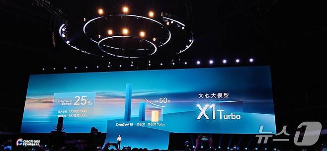 리옌훙 바이두 회장이 최신 AI 모델인 어니 X1 모델을 소개하고 있다.  ⓒ News1 정은지 특파원