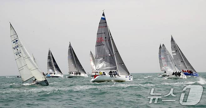 25일 부산 수영만 해상에서 열린 '2025 부산슈퍼컵 국제요트대회'에 참가한 요트들이 물살을 가르며 질주하고 있다.  2025.4.25/뉴스1 ⓒ News1 윤일지 기자