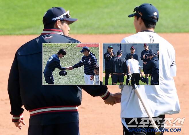 김민석이 전준우의 손에 이끌려 외야로 향했다. 친정팀 선수단이 모두 모여 기다리고 있었다. 전민재는 이승엽 감독을 찾아 반갑게 악수했다. . 잠실=정재근 기자 cjg@sportschosun.com