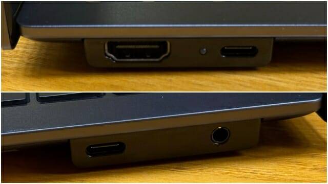 왼쪽에 HDMI 2.1·USB-C(썬더볼트4) 단자, 오른쪽에 헤드폰/마이크 단자와 USB-C(썬더볼트4) 단자를 배치했다.