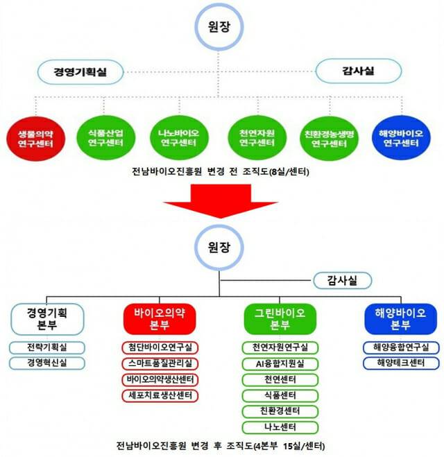 변경 전후 조직도 (표=전남바이오진흥원)
