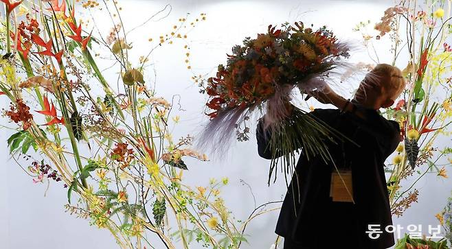 세계대회에서 수상한 플로리스트 에스토니아 이티 리라가 작품을 만들고 있다.고양=전영한 기자 scoopjyh@donga.com