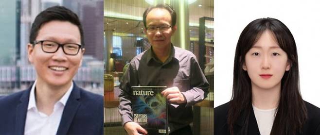 전기화학 메모리 소자(ECRAM)의 작동 원리를 규명한 연구진. 왼쪽부터 김세영 포스텍 교수, 오키 구나완 미국 IBM TJ 왓슨 연구소 연구원. 곽현정 포스텍 연구원. 포스텍 제공