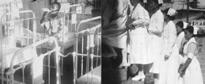 1930년 전후 촬영된 세브란스병원 소아병동 아동 환자의 모습(왼쪽)과 간호사 및&nbsp;간호 학생의 모습. 연세대 의대 동은의학박물관 제공.