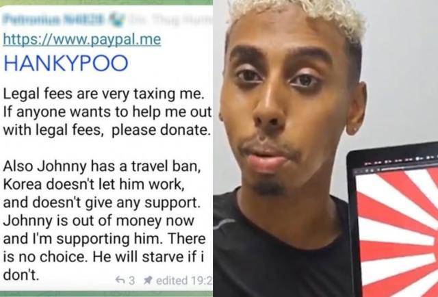 한국에서 각종 기행을 일삼은 미국인 유튜버 조니 소말리(오른쪽)의 지인이 "내가 아니면 소말리는 굶어 죽을 것"이라며 기부를 호소하고 있는 텔레그램 메시지. 서경덕 교수 페이스북 캡처