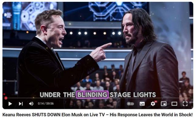 유튜브 채널 'Voice of Changes'에 올라온 키아누 리브스(오른쪽)와 일론 머스크의 토론 내용을 꾸며내 만든 영상. 유튜브 캡처