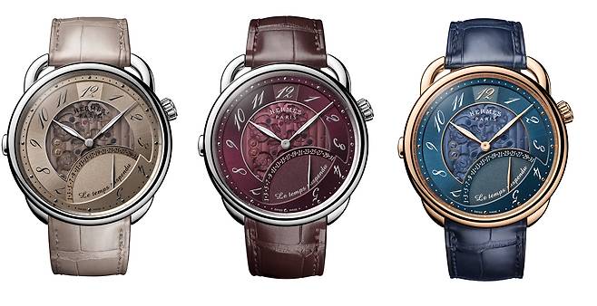 3가지 버전으로 선보이는 아쏘 르 땅 서스팡뒤 워치. 사진 에르메스