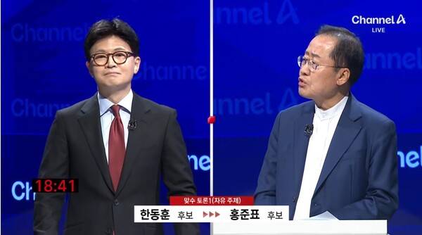 ▲홍준표 국민의힘 대선 경선 후보가 25일 오후 채널A 주최 국민의힘 경선 맞수토론에서 한동훈 후보에게 이재명 더불어민주당 경선 후보를 대장동 비리 혐의로 못잡아넣으니 법인카드까지 탈탈 털어 기소한 것은 치사하다고 비판하고 있다. 사진=채널A 영상 갈무리