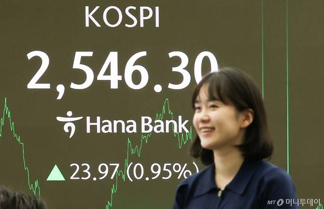 25일 서울 중구 하나은행 본점 딜링룸 전광판에 코스피지수가 전날 종가와 비교해 23.97포인트(p)(0.95%) 상승한 2546.30을 나타내고 있다. /사진=뉴스1