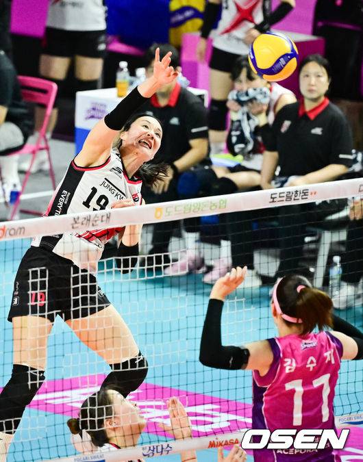 [OSEN=인천, 박준형 기자]  8일 오후 인천삼산체육관에서 도드람 V리그 여자부 챔피언결정전 5차전 흥국생명과 정관장의 경기가 진행됐다.5선 3선승제의 챔프전에서 흥국생명이 1·2차전을 잡아 2연승을 달렸지만, 정관장이 3·4차전 승리로 반등에 성공하면서 두 팀 전적은 2승2패가 됐다.1세트 정관장 표승주가 강타를 날리고 있다. 2025.04.08 / soul1014@osen.co.kr