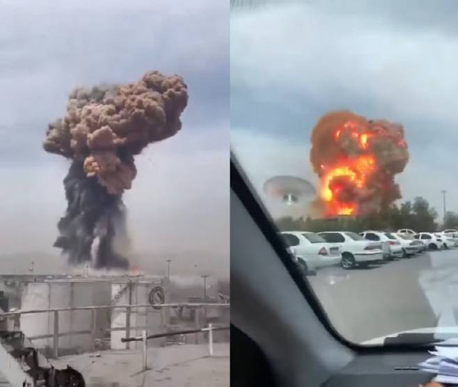 이란 남부 도시 반다르 압바스의 항구에서 포착된 폭발. (사진=SNS 갈무리)