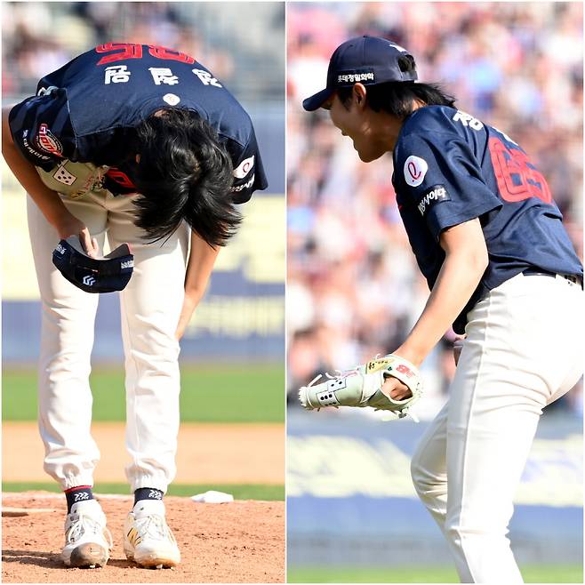 롯데 정철원이 친정팀 두산을 상대로 첫 등판에 나섰다. 투구 전 정철원이 마운드에 올라 모자를 벗고 친정팀 두산 팬들에게 인사를 건넸다. 삼자범퇴로 이닝을 마치는 순간에는 특유의 파이팅 넘치는 포효를 선보이며 롯데 팬들의 환호를 한 몸에 받았다. 잠실=허상욱 기자