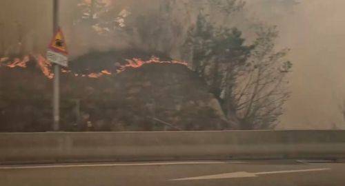26일 오후 1시 18분께 강원 인제군 상남면 하남리 한 야산에서 발생한 산불이 내린천 휴게소 인근까지 확산했다.ⓒ연합뉴스