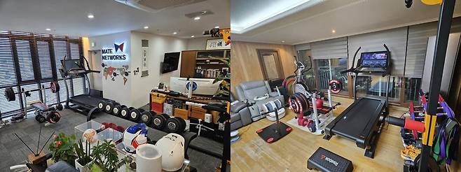 전우호 메이트네트웍스 대표의 강원 속초시 회사 사무실(왼쪽)과 집에 갖춰진 헬스 기구. 전우호 대표 제공.