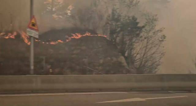 26일 오후 1시 18분쯤 강원 인제군 상남면 하남리 한 야산에서 발생한 산불이 내린천 휴게소 인근까지 확산했다. 연합뉴스