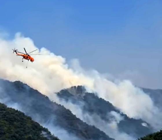 26일 오후 1시 18분께 인제군 상남면 하남리 인근 야산에서 산불이 나 산림청 진화 헬기가 투입돼 진화하고 있다. 연합뉴스