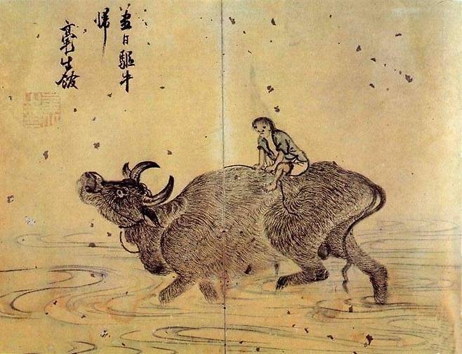 맹우도. 물을 건너는 소 위에 탄 채 떨어지지 않으려고 안간힘을 쓰는 목동의 모습을 유머러스한 필치로 그렸다. 최북의 재치가 잘 드러난 작품이다.