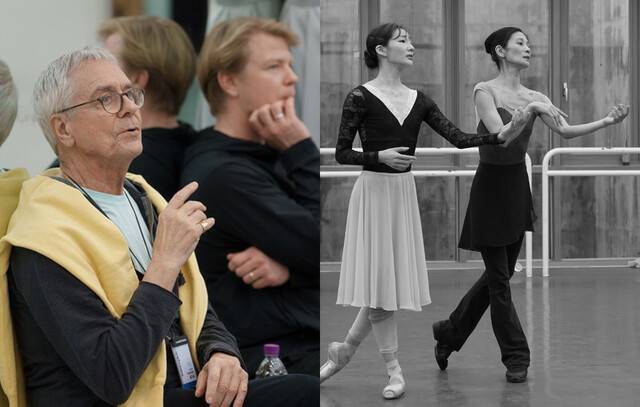 왼쪽부터 존 노이마이어(왼쪽)가 슈투트가르트 발레단 수석무용수 출신 트레이너 마레인 레드마커르와 함께 국립발레단의 ‘카멜리아 레이디’ 리허설을 지켜보는 모습. 조연재가 강수진 국립발레단장으로부터 지도받는 장면. 국립발레단 제공