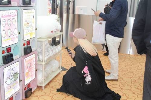 쿠지의 상품으로 걸린 누이구루미를 들여다 보는 한 손님.